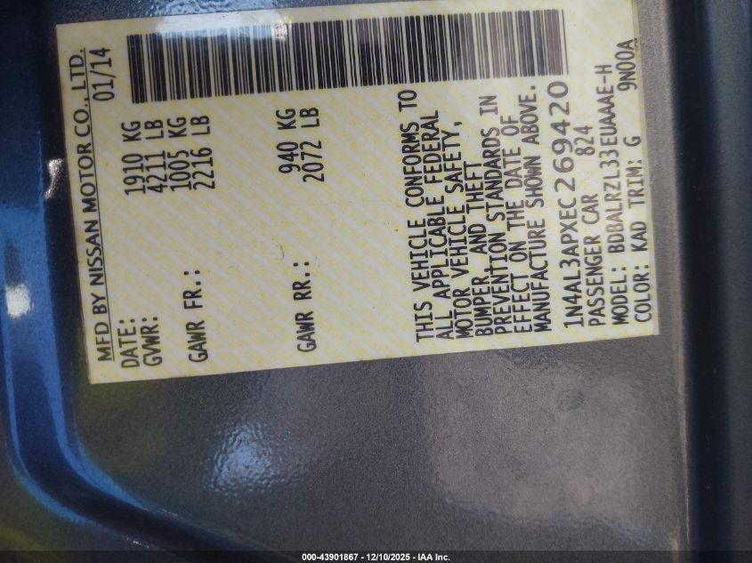 2014 Nissan Altima 2.5 S VIN: 1N4AL3APXEC269420 Lot: 43901867