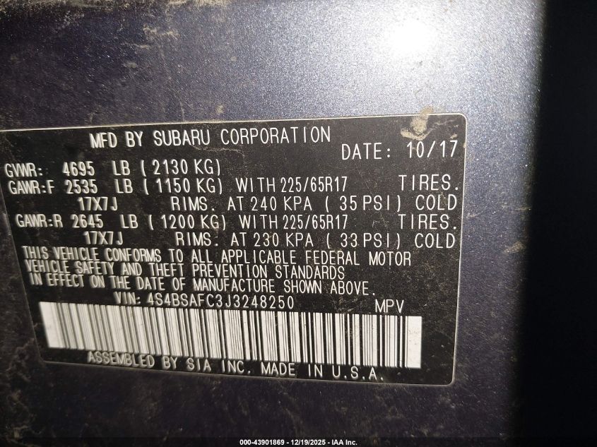 2018 Subaru Outback 2.5I Premium VIN: 4S4BSAFC3J3248250 Lot: 43901869