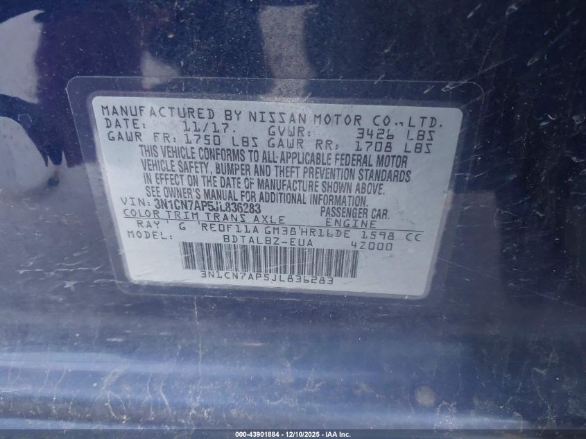 2018 Nissan Versa 1.6 Sv VIN: 3N1CN7AP5JL836283 Lot: 43901884