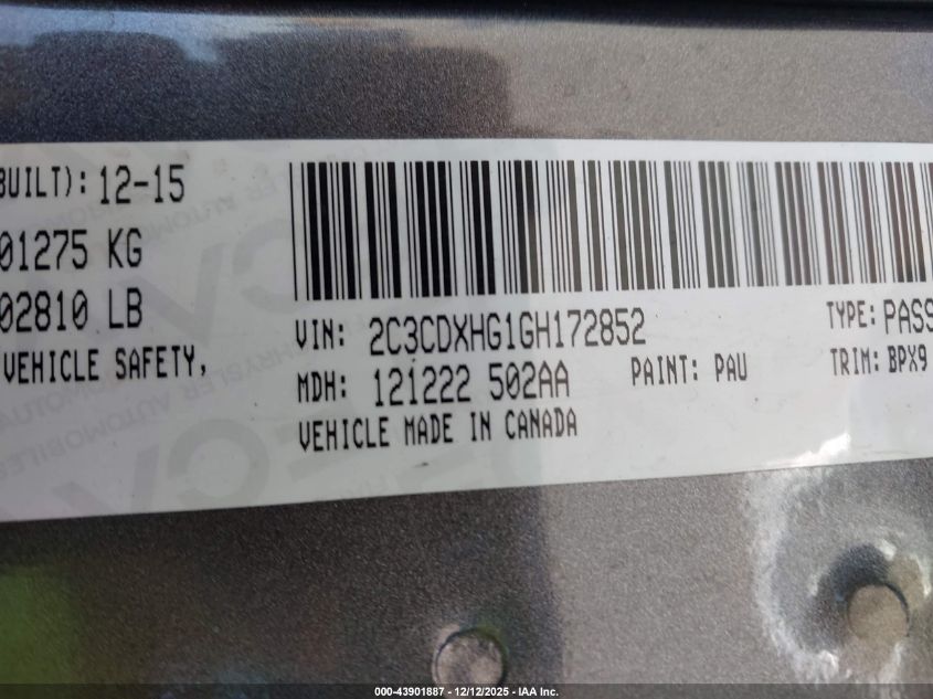 2016 Dodge Charger Sxt VIN: 2C3CDXHG1GH172852 Lot: 43901887