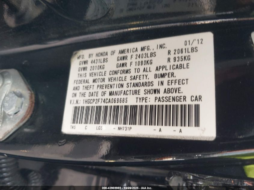 2012 Honda Accord 2.4 Ex VIN: 1HGCP2F74CA069685 Lot: 43901903