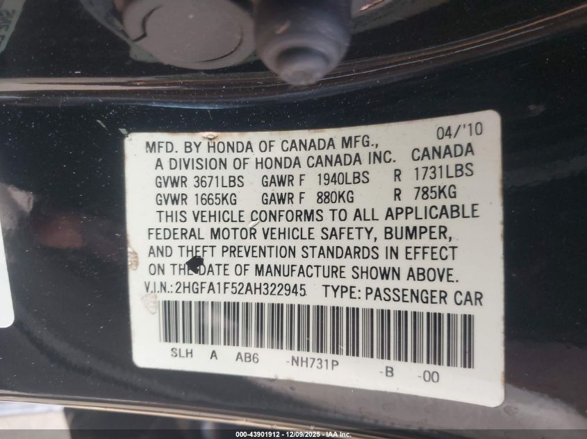 2010 Honda Civic Lx VIN: 2HGFA1F52AH322945 Lot: 43901912