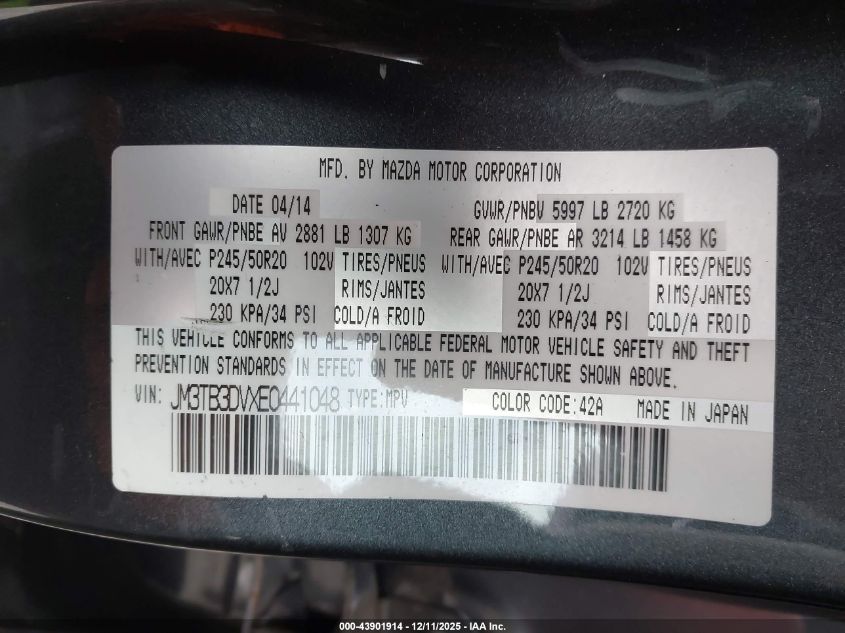 2014 Mazda Cx-9 Grand Touring VIN: JM3TB3DVXE0441048 Lot: 43901914