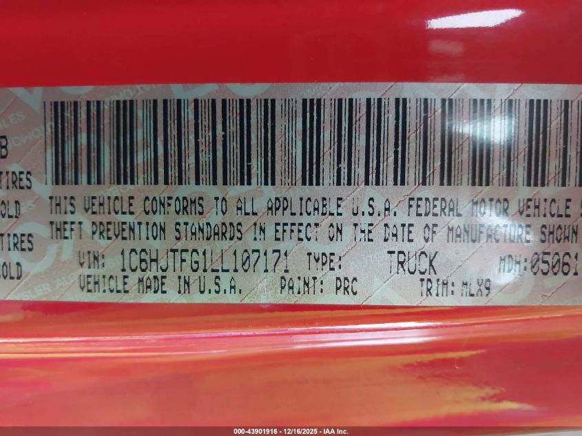 2020 Jeep Gladiator Overland 4X4 VIN: 1C6HJTFG1LL107171 Lot: 43901916