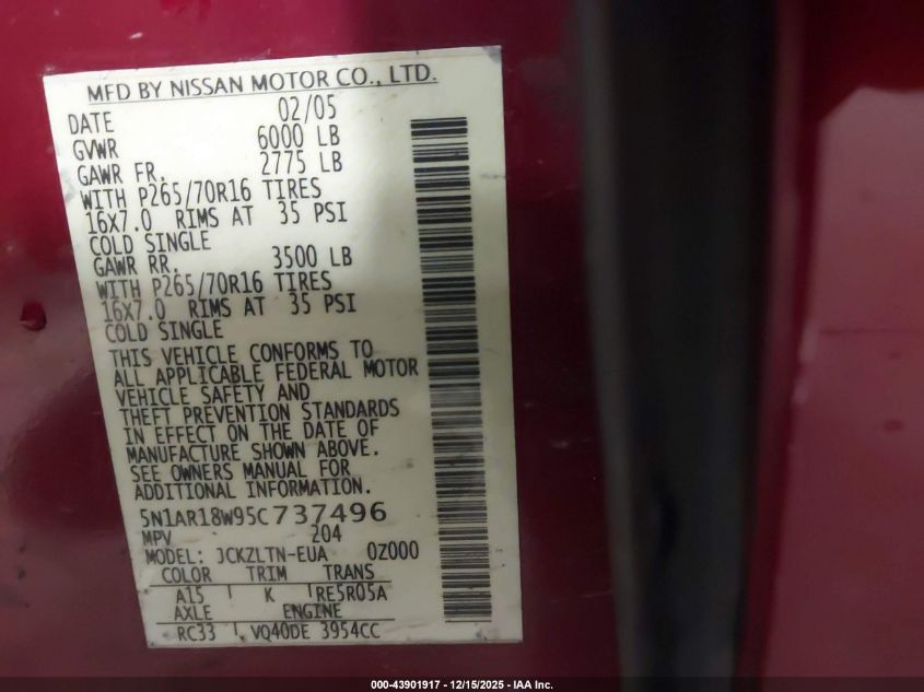 2005 Nissan Pathfinder Se VIN: 5N1AR18W95C737496 Lot: 43901917