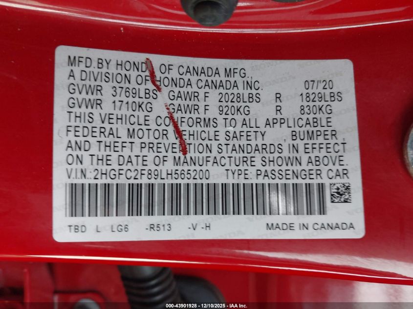 2020 Honda Civic Sport VIN: 2HGFC2F89LH565200 Lot: 43901928