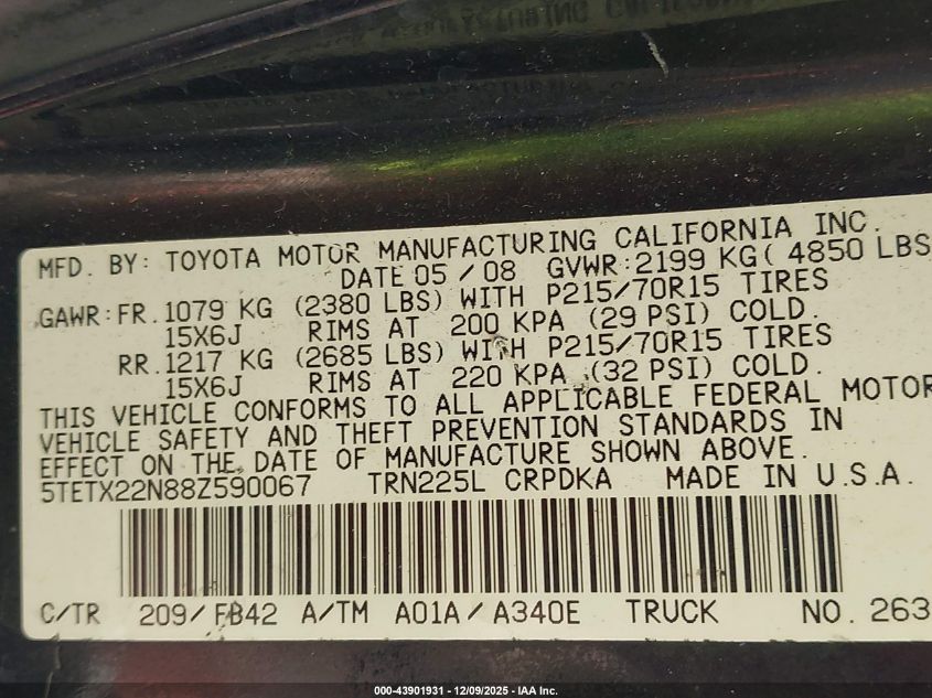 2008 Toyota Tacoma VIN: 5TETX22N88Z590067 Lot: 43901931