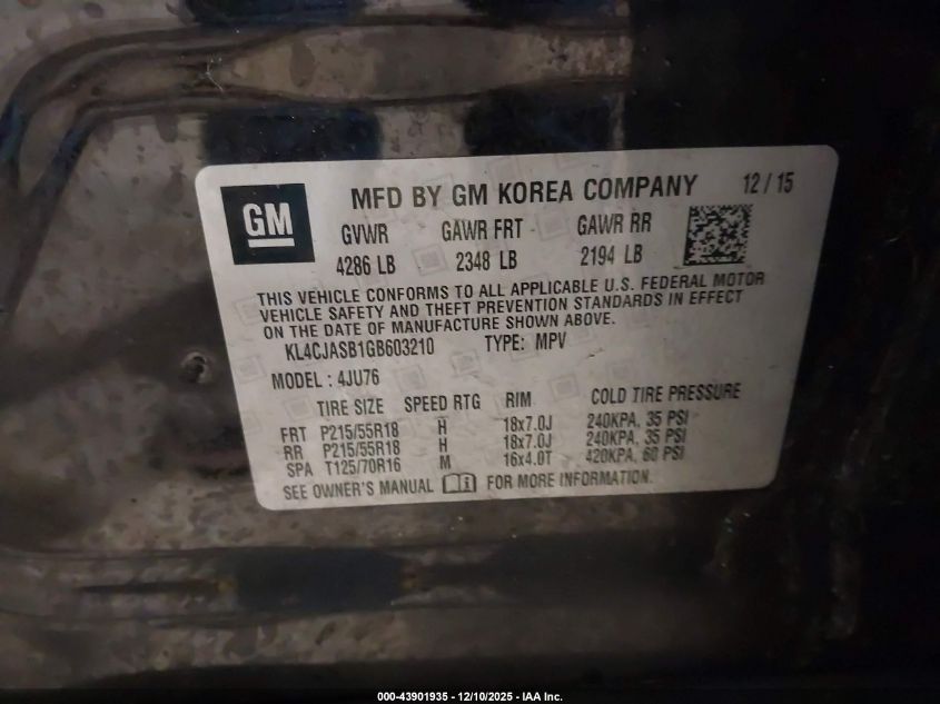 2016 Buick Encore VIN: KL4CJASB1GB603210 Lot: 43901935