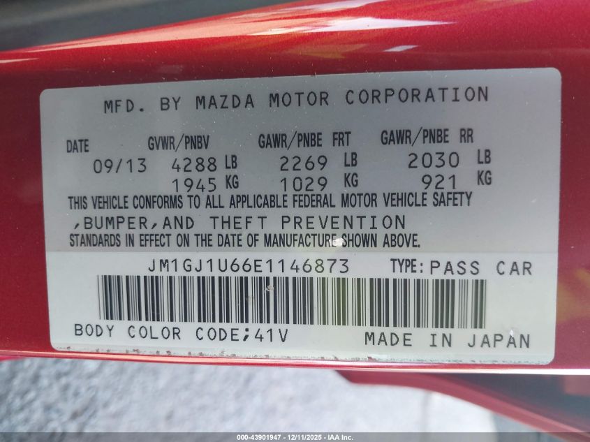 2014 Mazda Mazda6 I Sport VIN: JM1GJ1U66E1146873 Lot: 43901947