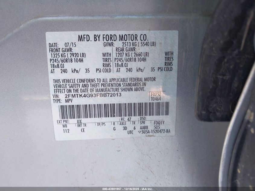 2015 Ford Edge Se VIN: 2FMTK4G93FBB72013 Lot: 43901957