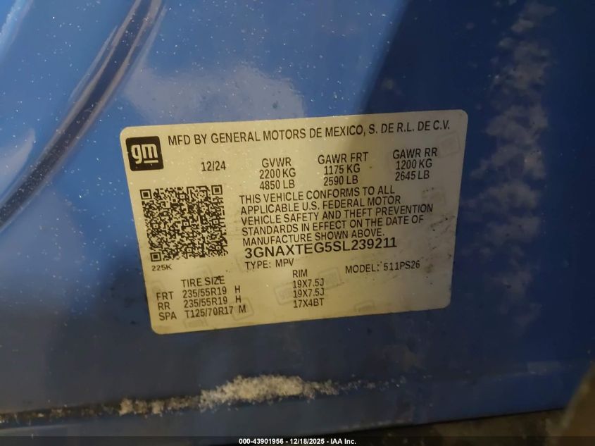 2025 Chevrolet Equinox Awd Rs VIN: 3GNAXTEG5SL239211 Lot: 43901956