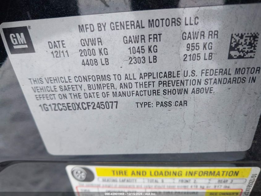 2012 Chevrolet Malibu 1Lt VIN: 1G1ZC5E0XCF245077 Lot: 43901959