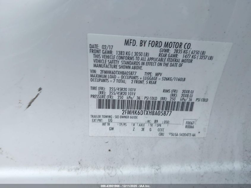 2017 Ford Flex Limited VIN: 2FMHK6DTXHBA05877 Lot: 43901966