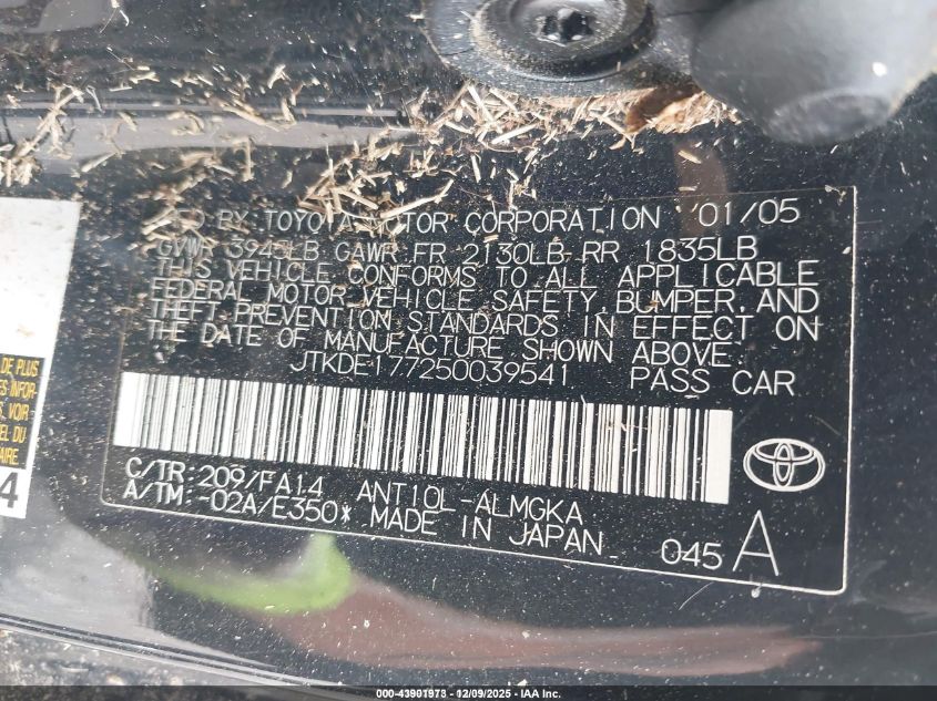 2005 Toyota Scion Tc VIN: JTKDE177250039541 Lot: 43901973