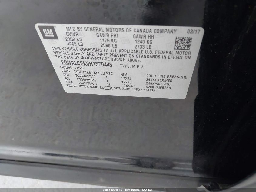 2017 Chevrolet Equinox Lt VIN: 2GNALCEK6H1579445 Lot: 43901975