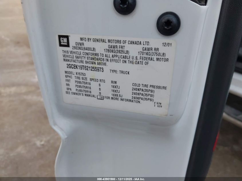 2002 Chevrolet Silverado 1500 Ls VIN: 2GCEK19T621255973 Lot: 43901980