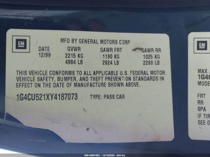 2000 Buick Park Avenue Ultra VIN: 1G4CU521XY4187073 Lot: 43901981