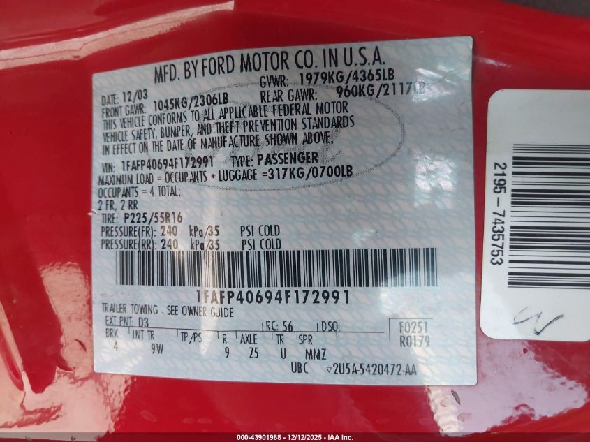 2004 Ford Mustang VIN: 1FAFP40694F172991 Lot: 43901988