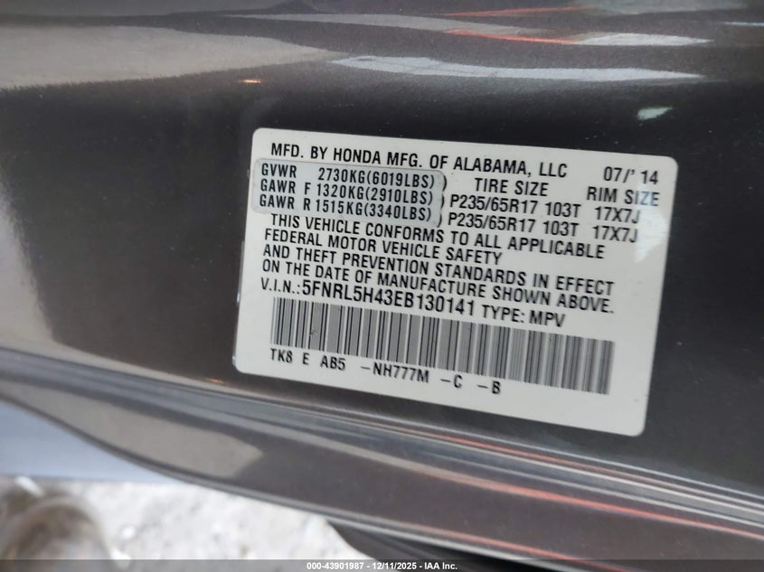 5FNRL5H43EB130141 2014 HONDA ODYSSEY photo no. 9