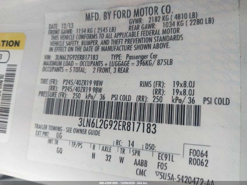 2014 Lincoln Mkz VIN: 3LN6L2G92ER817183 Lot: 43901989