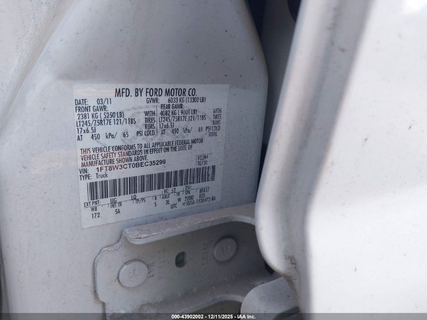 2011 Ford F-350 Lariat VIN: 1FT8W3CT0BEC35299 Lot: 43902002