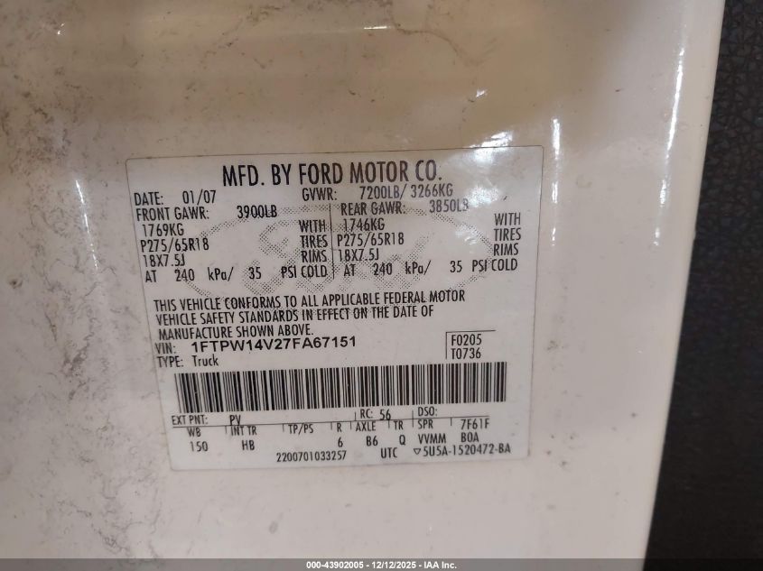 2007 Ford F-150 Fx4/Lariat/Xlt VIN: 1FTPW14V27FA67151 Lot: 43902005
