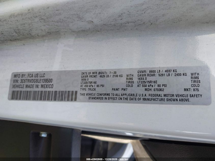 2020 Ram Promaster 2500 High Roof 159 Wb VIN: 3C6TRVDG8LE139500 Lot: 43902009