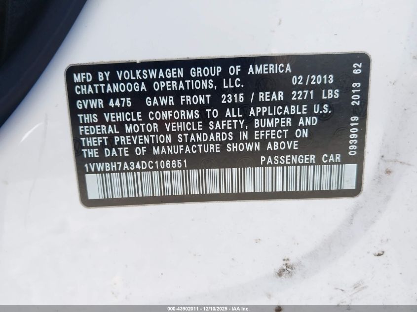 2013 Volkswagen Passat 2.5L Se VIN: 1VWBH7A34DC106651 Lot: 43902011