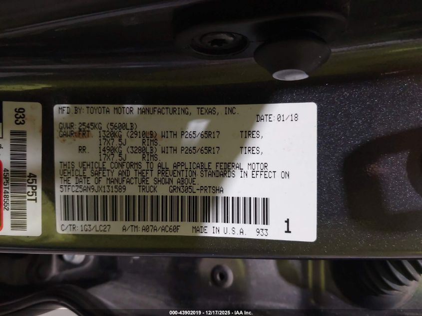 2018 Toyota Tacoma Trd Sport VIN: 5TFCZ5AN9JX131589 Lot: 43902019