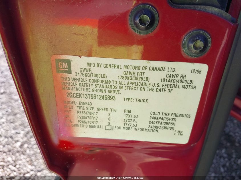 2006 Chevrolet Silverado 1500 Lt1 VIN: 2GCEK13T961246893 Lot: 43902022