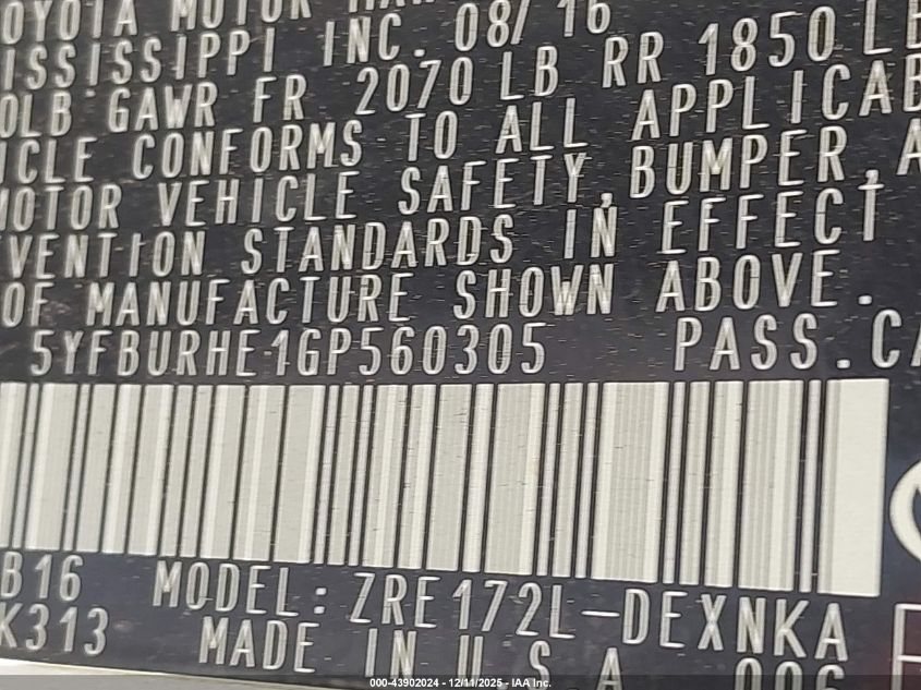 2016 Toyota Corolla Le VIN: 5YFBURHE1GP560305 Lot: 43902024