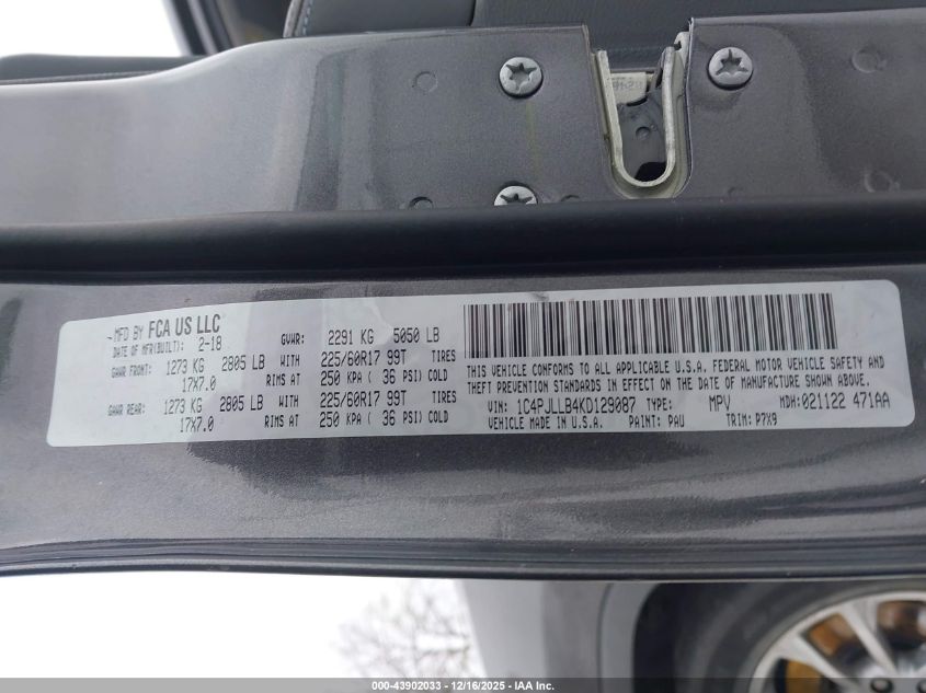 2019 Jeep Cherokee Latitude Plus Fwd VIN: 1C4PJLLB4KD129087 Lot: 43902033