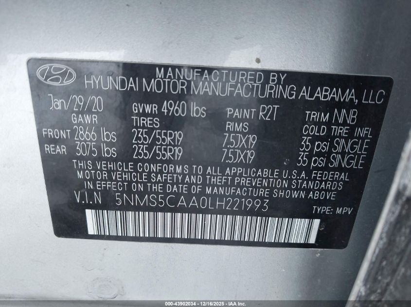 2020 Hyundai Santa Fe Limited 2.0T VIN: 5NMS5CAA0LH221993 Lot: 43902034