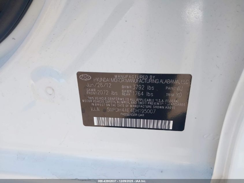 2013 Hyundai Elantra Gls/Limited VIN: 5NPDH4AE4DH195007 Lot: 43902037