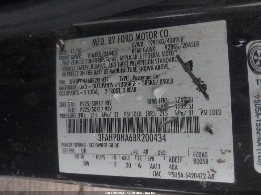 2011 Ford Fusion Se VIN: 3FAHP0HA6BR200434 Lot: 43902044