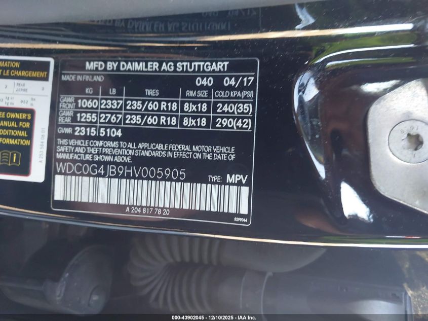 2017 Mercedes-Benz Glc 300 VIN: WDC0G4JB9HV005905 Lot: 43902045