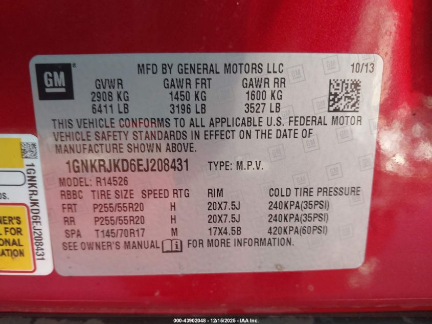 2014 Chevrolet Traverse Ltz VIN: 1GNKRJKD6EJ208431 Lot: 43902048