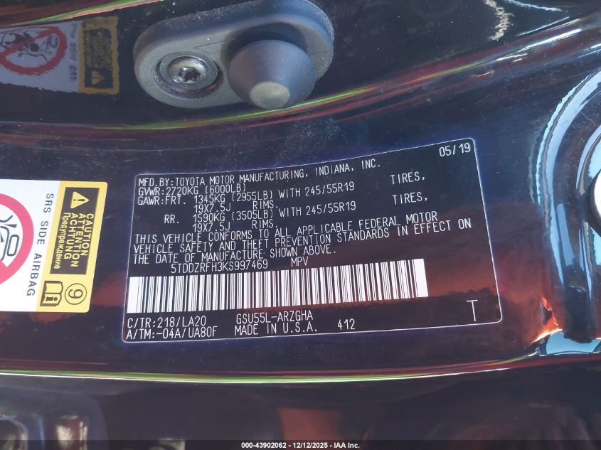 2019 Toyota Highlander Limited/Ltd Platinum VIN: 5TDDZRFH3KS997469 Lot: 43902062