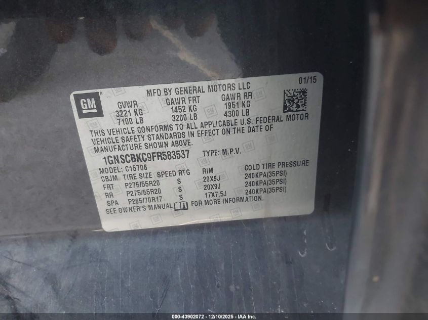 2015 Chevrolet Tahoe Lt VIN: 1GNSCBKC9FR583537 Lot: 43902072