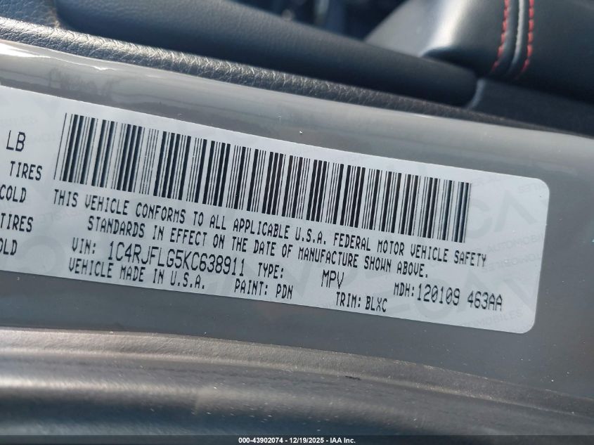 2019 Jeep Grand Cherokee Trailhawk 4X4 VIN: 1C4RJFLG5KC638911 Lot: 43902074