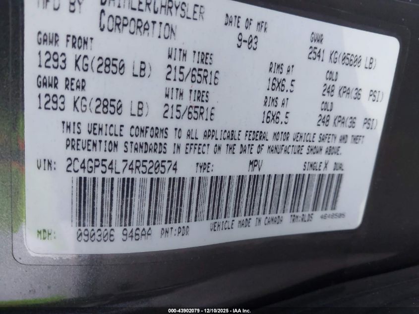 2004 Chrysler Town & Country Touring VIN: 2C4GP54L74R520574 Lot: 43902079