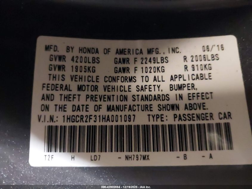 2017 Honda Accord Lx VIN: 1HGCR2F31HA001097 Lot: 43902084