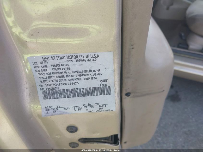 2001 Ford Focus Se VIN: 1FAFP34P31W366425 Lot: 43902089