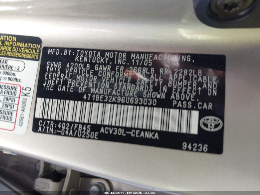 2006 Toyota Camry Std VIN: 4T1BE32K96U693030 Lot: 43902091