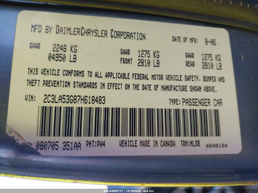 2007 Chrysler 300 Touring VIN: 2C3LA53G87H618483 Lot: 43902111