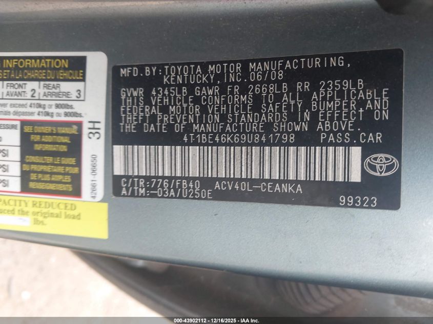 2009 Toyota Camry Le VIN: 4T1BE46K69U841798 Lot: 43902112