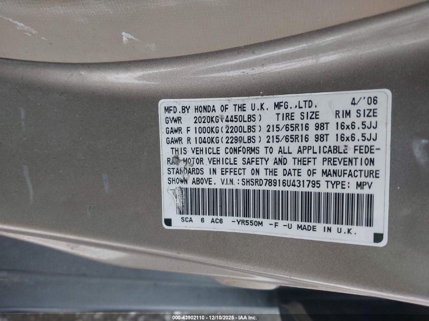 2006 Honda Cr-V Se VIN: SHSRD78916U431795 Lot: 43902110