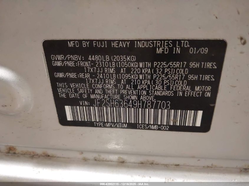 2009 Subaru Forester 2.5X VIN: JF2SH63649H787703 Lot: 43902115