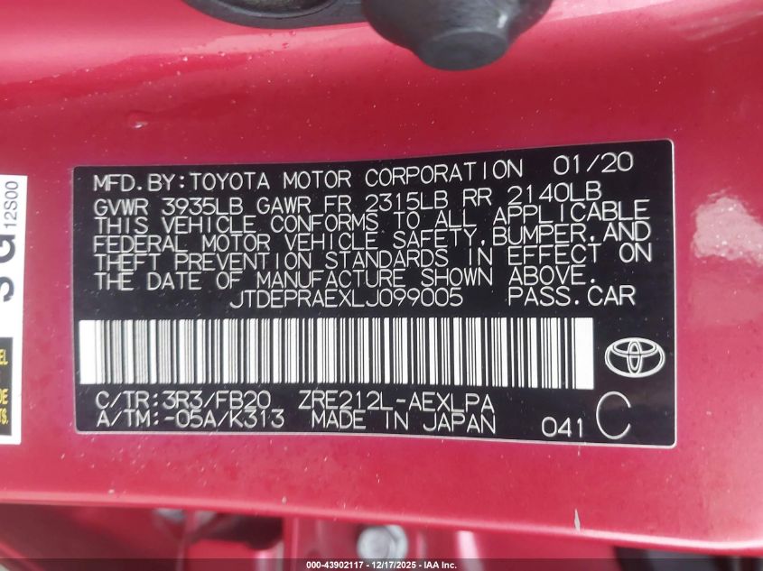 2020 Toyota Corolla Le VIN: JTDEPRAEXLJ099005 Lot: 43902117