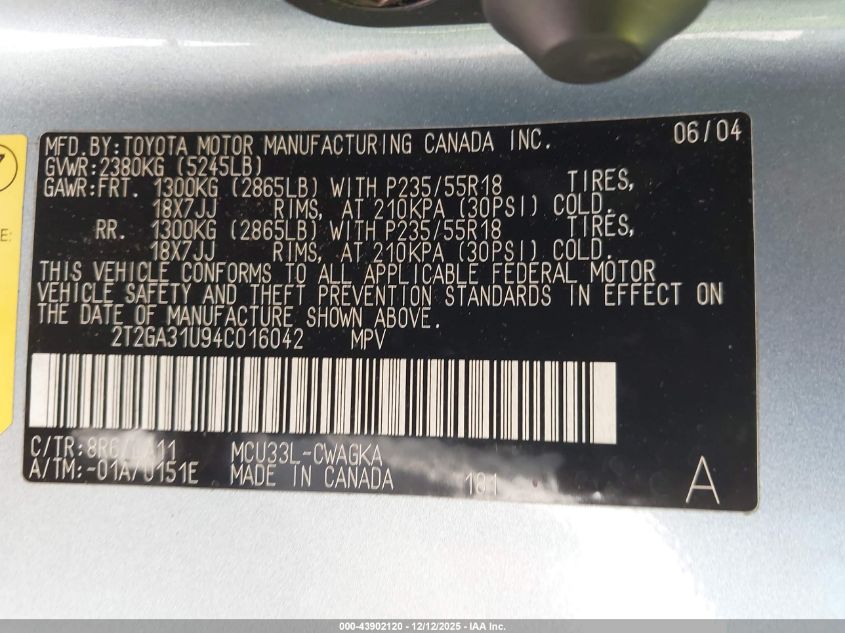 2004 Lexus Rx 330 VIN: 2T2GA31U94C016042 Lot: 43902120